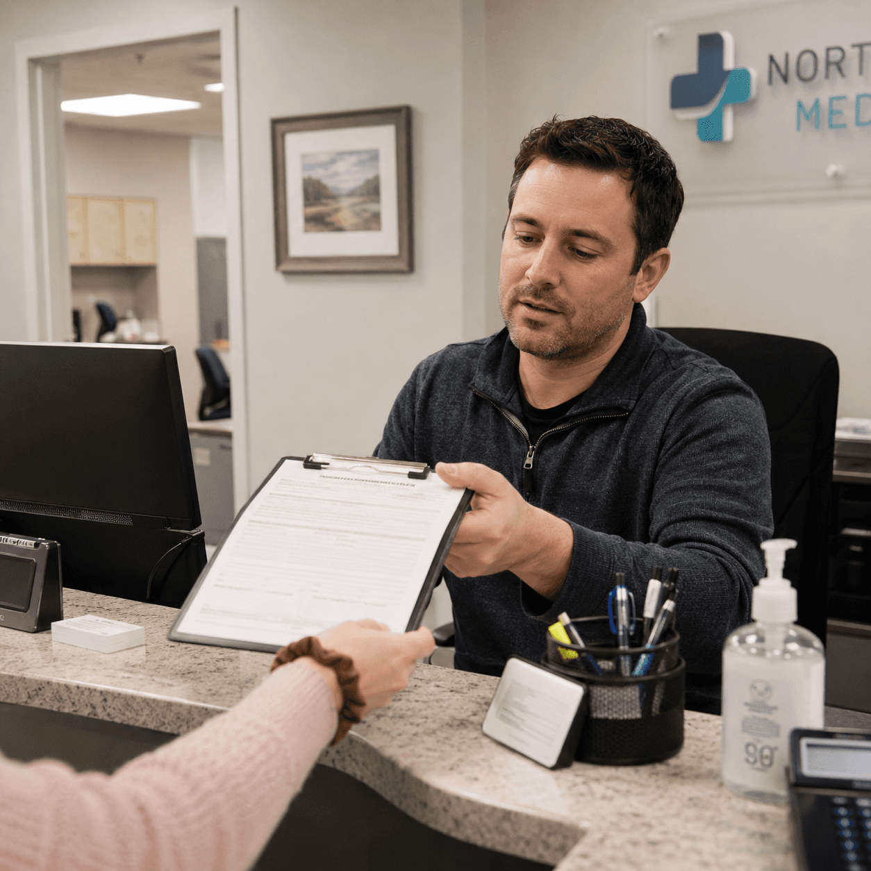 Healthcare office staff member returning completed paperwork across a reception counter