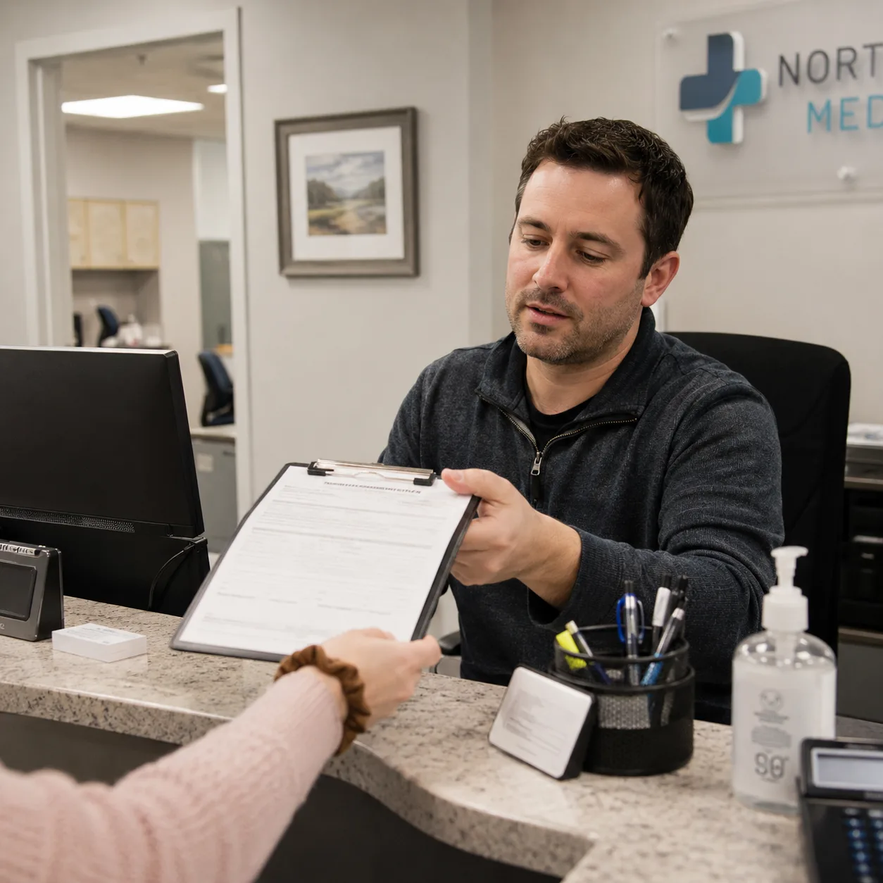 Healthcare office staff member returning completed paperwork across a reception counter