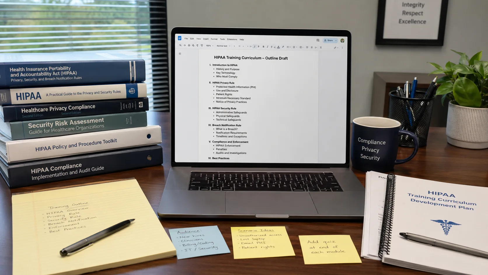 HIPAA curriculum source books, a course outline draft, and training-development notes laid out on a workspace desk