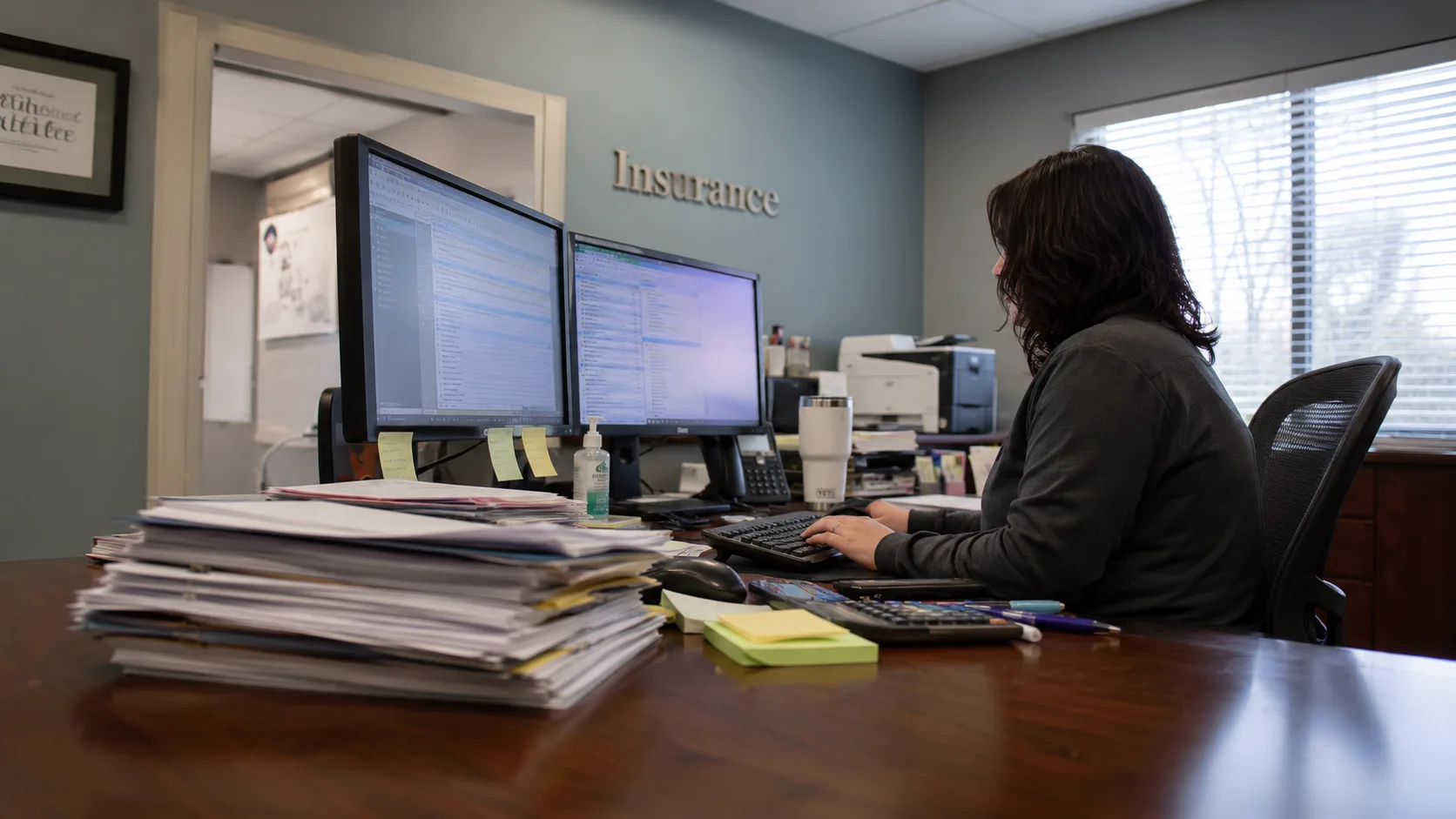 Insurance-office staff member working through documentation and approvals at a dual-monitor workstation